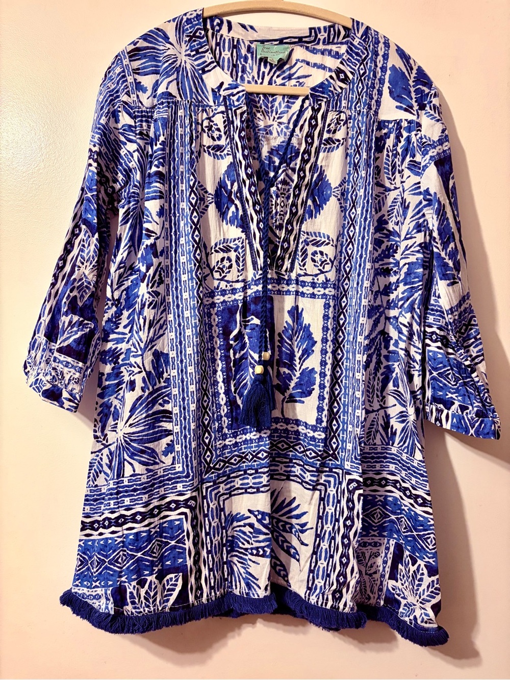 4/$25 True Destinations Blue and White Boho Tassel Tunic